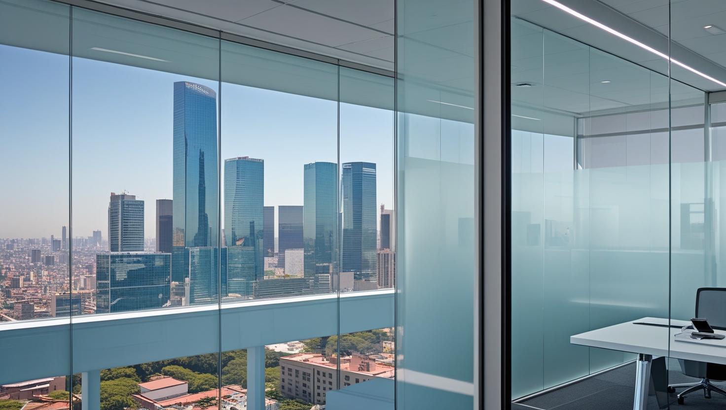 View through law office windows showing mexico city, reforma, skyline, frosted glass, professional interior visible in reflection, clean architectural photography