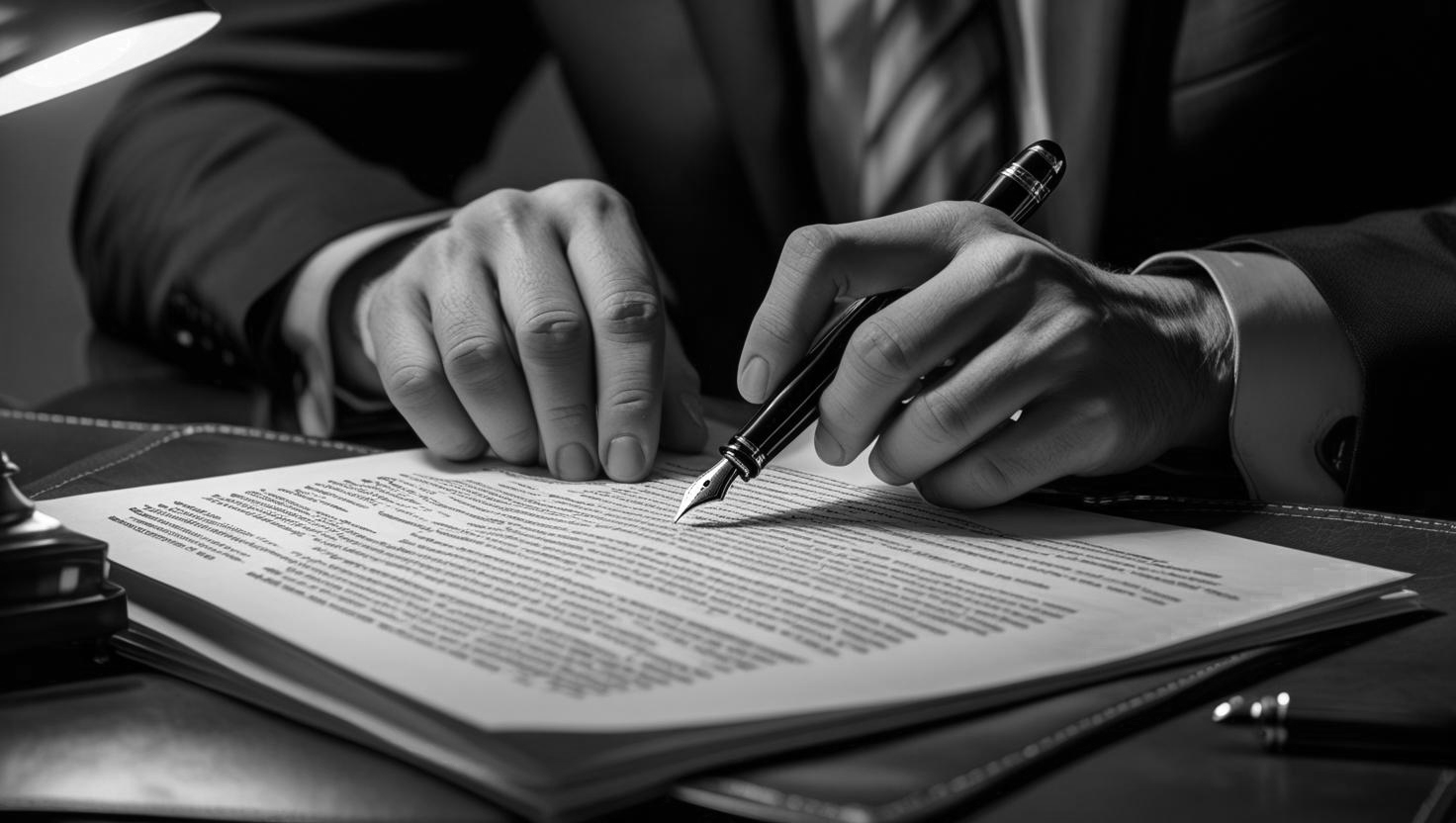 Close-up of attorney's hands reviewing legal brief with fountain pen, selective focus, warm desk lamp lighting, leather desk pad, no stock photo clichés, documentary detail photography copy